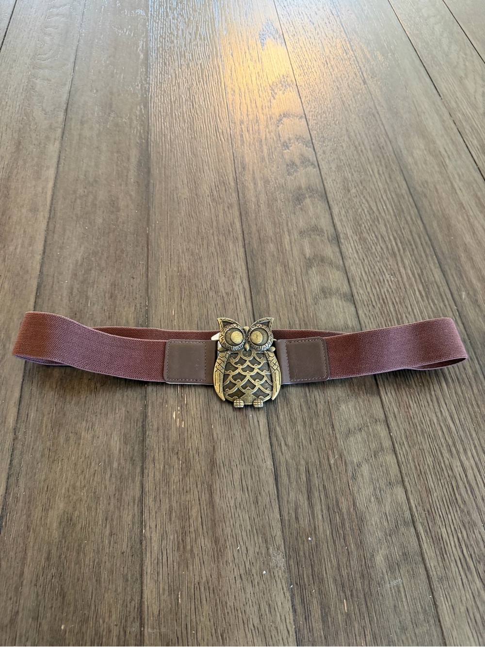 Vintage Style Brown Elastic Owl Buckle Waist Belt Antiqued Brass Tone Cinch Belt